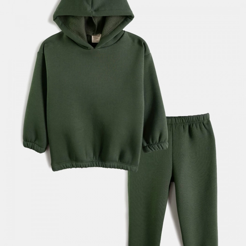 Kışlık Kapüşonlu Polar Çocuk Takım | Haki