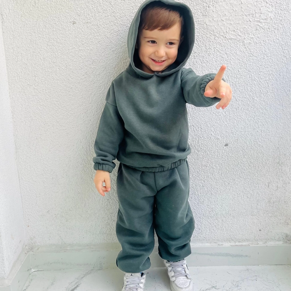 Kışlık Kapüşonlu Polar Çocuk Takım | Haki