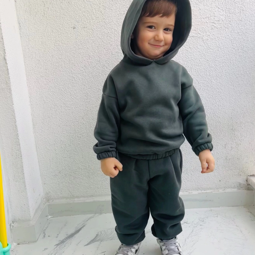 Kışlık Kapüşonlu Polar Çocuk Takım | Yeşil