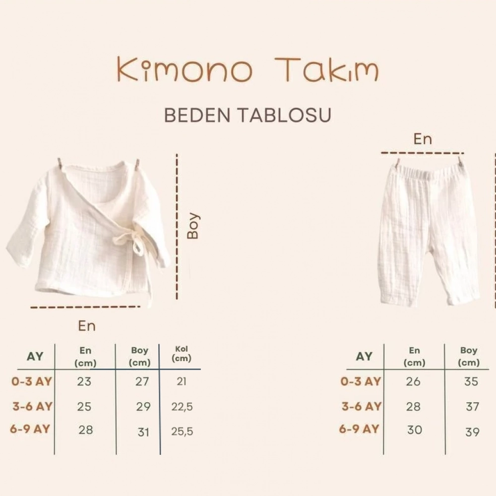 Müslin Bebek Takımı Kimono Takım %100 Organik Pamuklu | Ekru