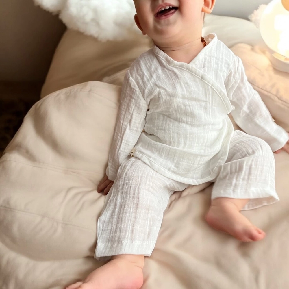 Müslin Bebek Takımı Kimono Takım %100 Organik Pamuklu | Ekru