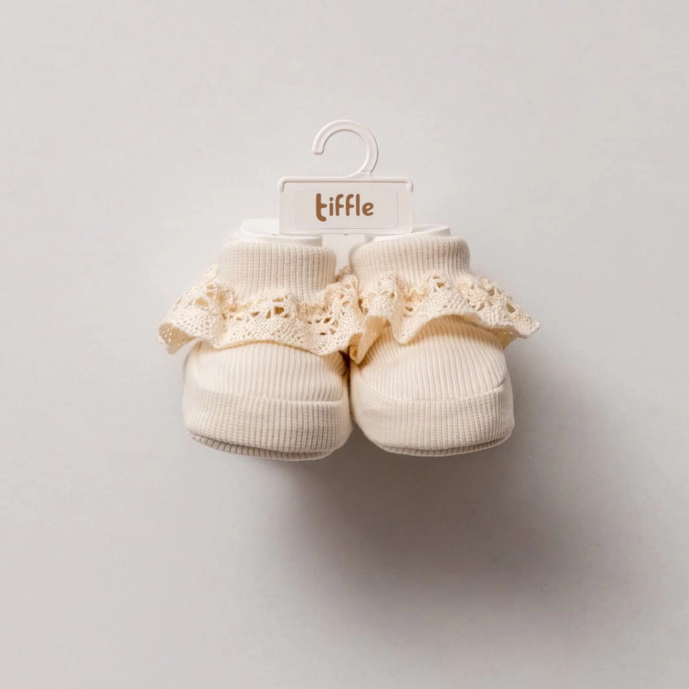 Pamuklu Kaşkorse Bebek Patik Çorap | Dantelli ekru