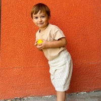 %100 Organik Pamuklu Müslin Çizgili Çocuk Şortu | Bej