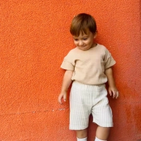 %100 Organik Pamuklu Müslin Çizgili Çocuk Şortu | Bej