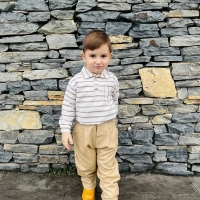 Kahverengi Çizgili Gömlekli Dokuma Çocuk Takım