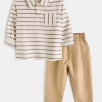 Kahverengi Çizgili Gömlekli Dokuma Çocuk Takım