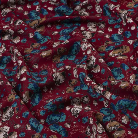 Bordo Çiçek Desenli Kaşmir Viskon