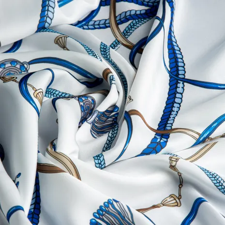 Desenli Beyaz Zemin – Mavi & Kahverengi Detaylı Floş Saten Kumaş