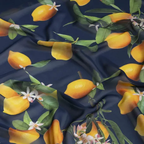 Lacivert Limon Çiçeği Şifon Kumaş