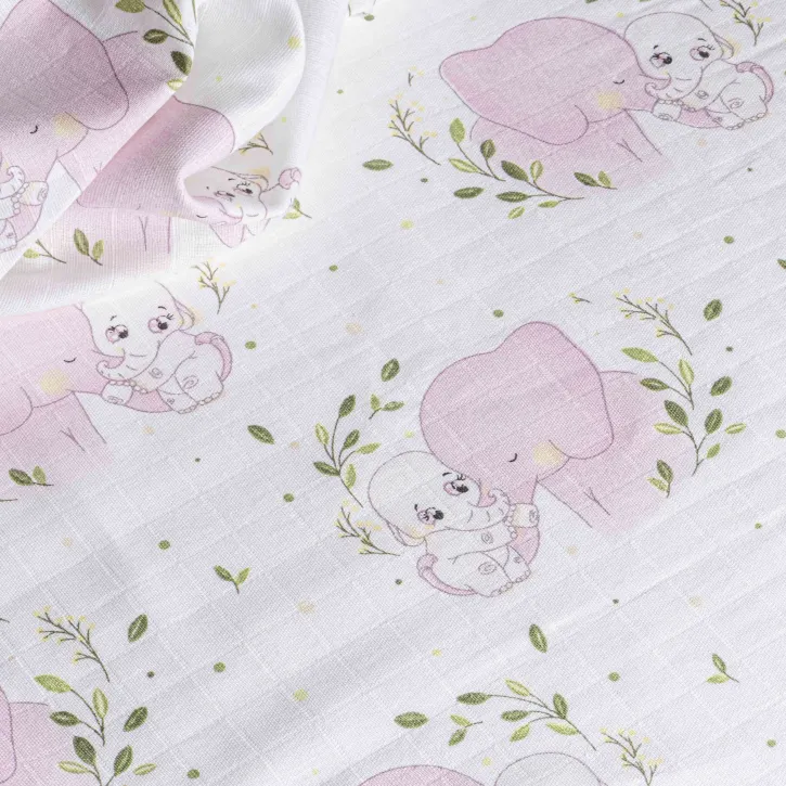 Tek Kat Pembe Fil Desenli Müslin