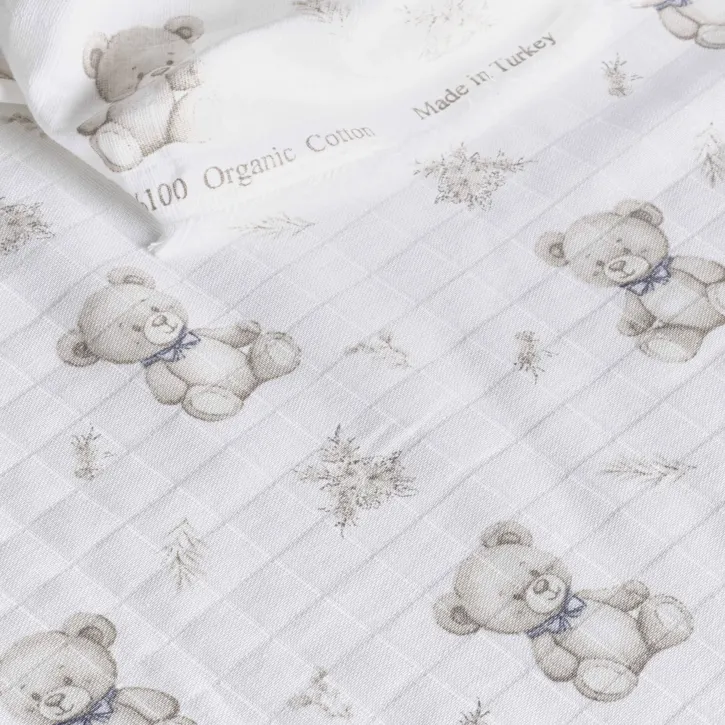 Tek Kat Gri Ayıcık Desenli Müslin