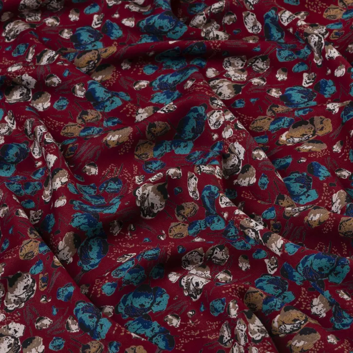 Bordo Çiçek Desenli Kaşmir Viskon