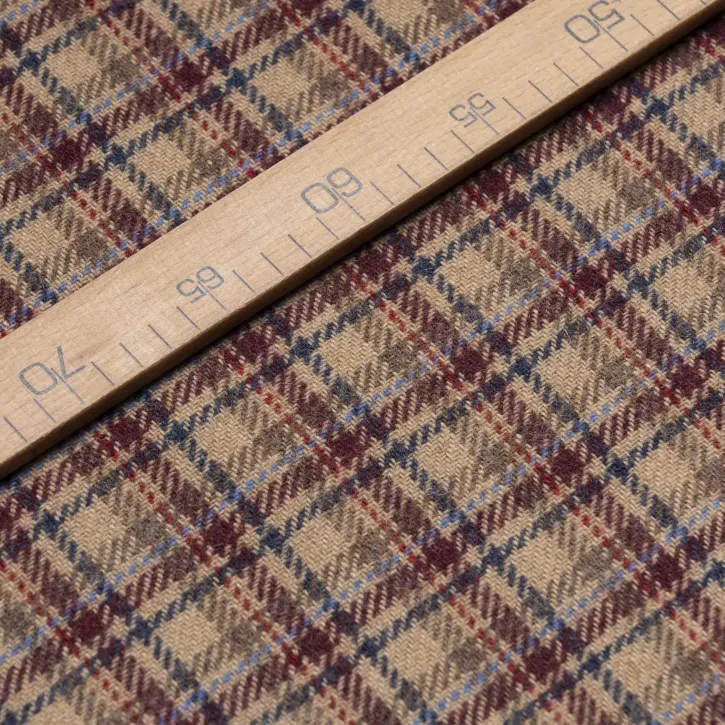 Bordo-Mavi Çizgili Kahverengi Yün Ekose