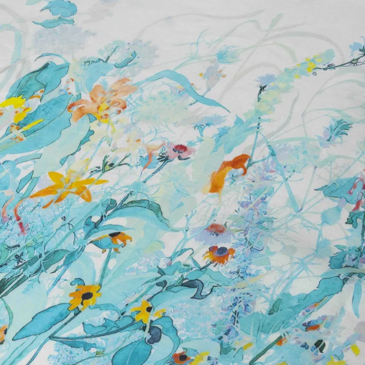 Eteği Sulu Turkuaz Çiçekli Keten