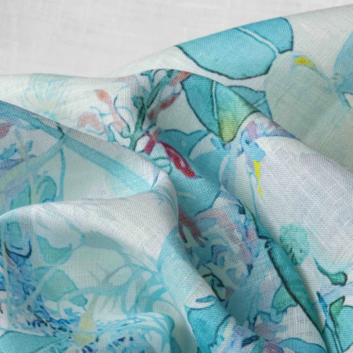 Eteği Sulu Turkuaz Çiçekli Keten