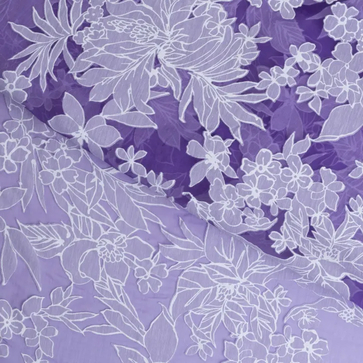 Lila Beyaz Çiçekli İpeker Yakma Kumaş