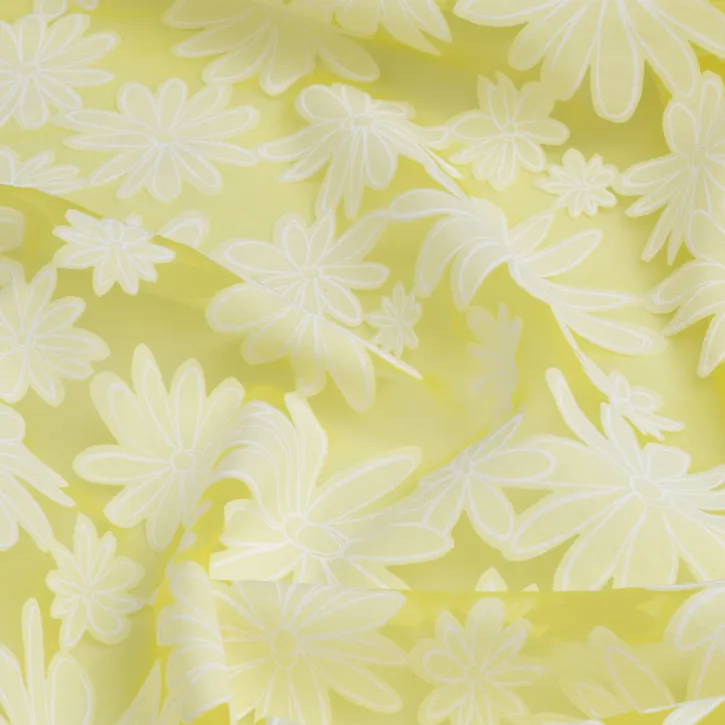 İpeker Yakma Kumaş – Limon Sarısı Beyaz Papatya Desenli