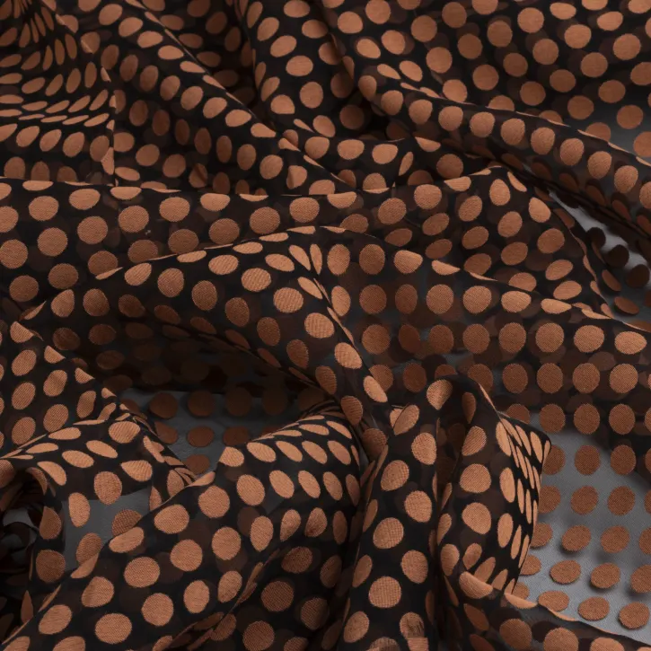 İpeker Yakma Kumaş – Kahverengi Puantiyeli Siyah Zemin