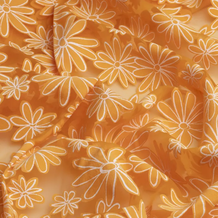 İpeker Yakma Kumaş – Turuncu Beyaz Papatya Desenli