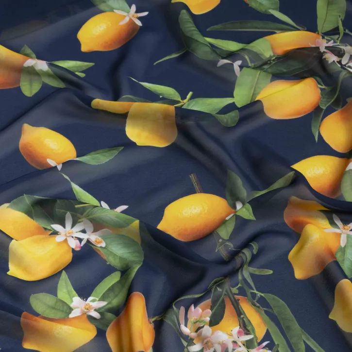 Lacivert Limon Çiçeği Şifon Kumaş