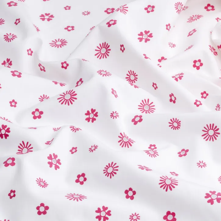 Beyaz Pembe Çiçek Baskılı Poplin Kumaş – Daisy Desen