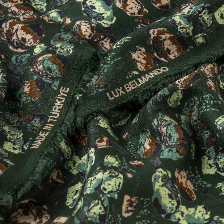 Yeşil Orman Yaprakları Desenli Kaşmir Viskon