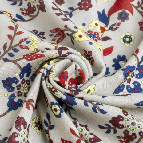 Krem Zeminli Çini Desen Müslin Kumaş