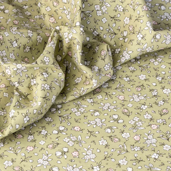 Fıstık Yeşili Kır Çiçek Desen Poplin Kumaş