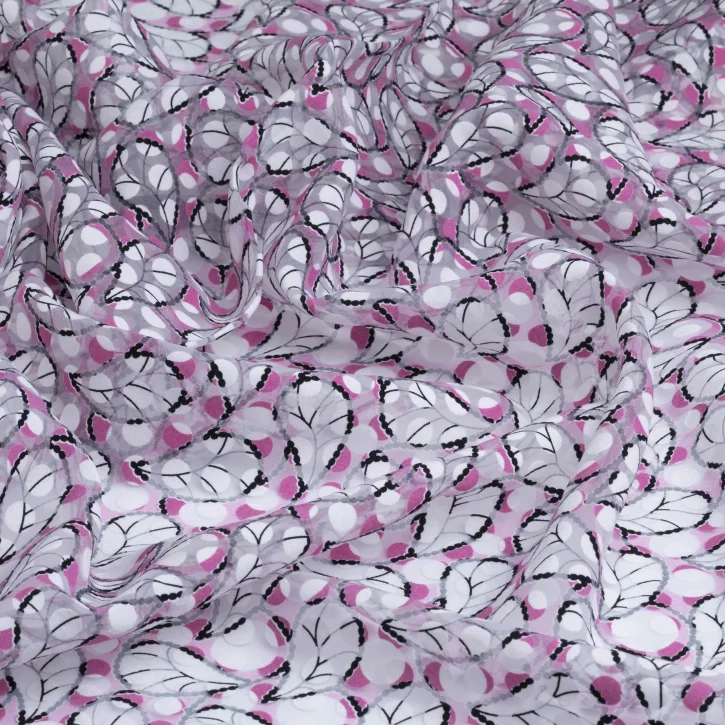İpeker Yakma Kumaş – Pembe Siyah Beyaz Modern Desenli