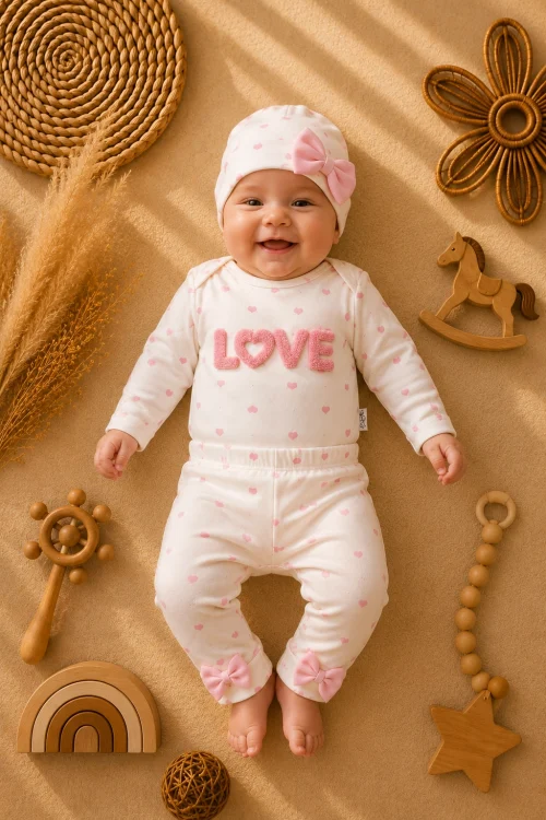 %100 Pamuklu Mia Love Kalp Desenli Fiyonk Detaylı 3lü Bebek Takımı - Pembe /beyaz 3-9 Ay