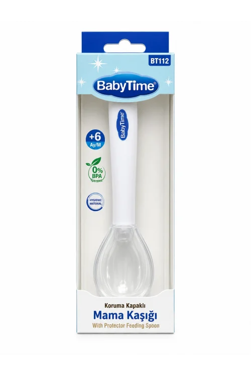 BabyTime BT112 Beyaz Koruma Kapaklı Mama Kaşığı – Bebek Beslenme Kaşığı