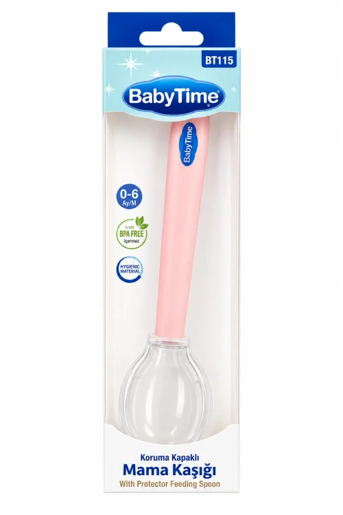BabyTime BT112 Pembe Koruma Kapaklı Mama Kaşığı – Bebek Beslenme Kaşığı