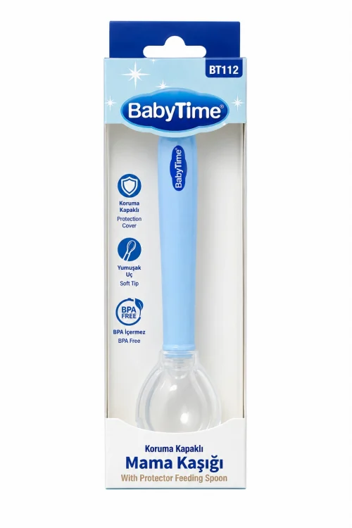 BabyTime BT112 Mavi Koruma Kapaklı Mama Kaşığı – Bebek Beslenme Kaşığı