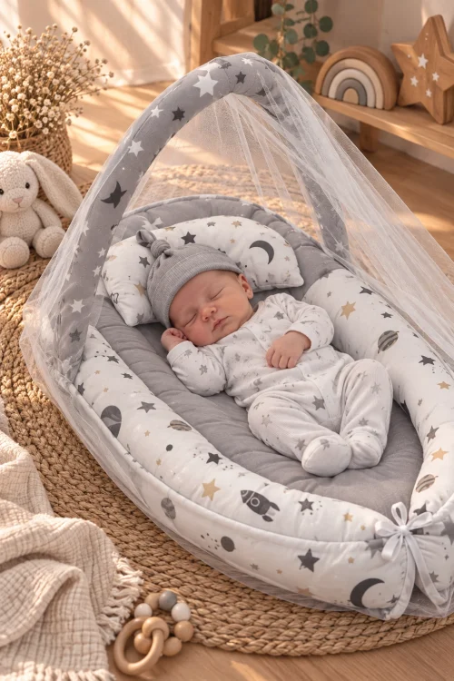 Cibinlikli Baby Nest Gri Yıldız Desenli Yenidoğan Bebek Yatağı