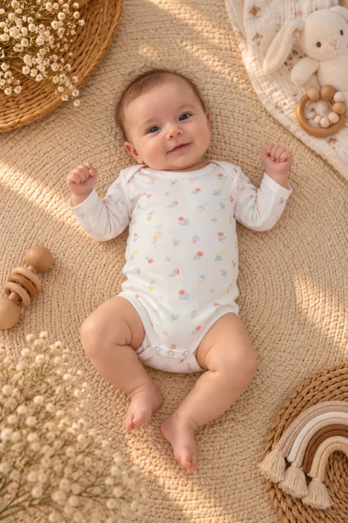 Kız Bebek Uzun Kollu Çıtçıtlı Body %100 Pamuklu Çiçek Desenli