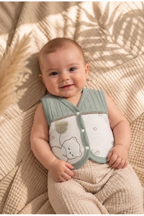 Gaye %100 Pamuk Unisex Bebek Yelek – Ayıcık Desenli Önden Düğmeli 0-9 Ay