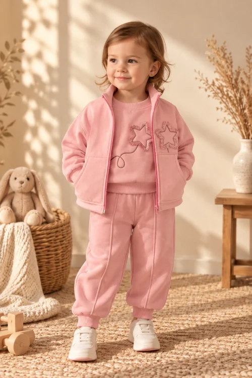 Kız Çocuk ve Bebek 3’lü Takım – Sweatshirt, Fermuarlı Yelek ve Pantolon | 1-4 Yaş