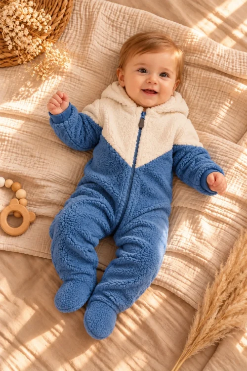 Erkek Bebek Peluş Tulum %100 Pamuk Fermuarlı 0-12 Ay