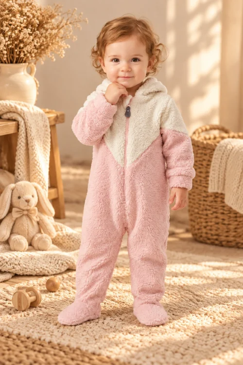 Kız Bebek %100 Pamuk Premium Peluş Fermuarlı Tulum 0-12 Ay