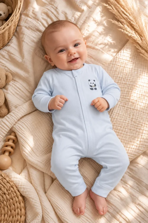 %100 Organik Pamuk Panda Desenli Fermuarlı Bebek Tulumu – 6-9 Ay