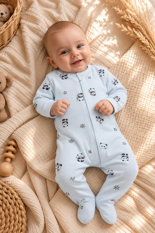 %100 Organik Pamuk Panda Desenli Fermuarlı Bebek Tulumu – 3-6 Ay