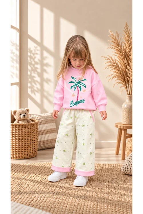Kız Çocuk 2’li Takım Sweetshirt & Gabardin Pantolon – %100 Pamuk | 2-8 Yaş