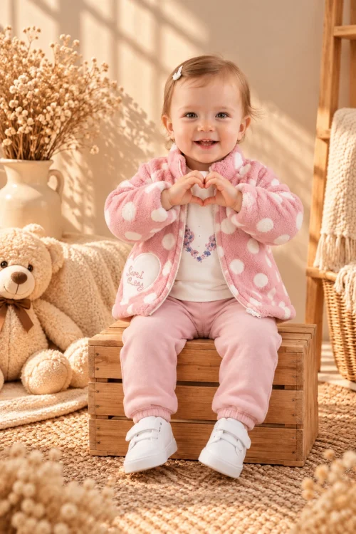 Kız Bebek 3’lü Peluş Ceketli Kışlık Takım – %100 Pamuk