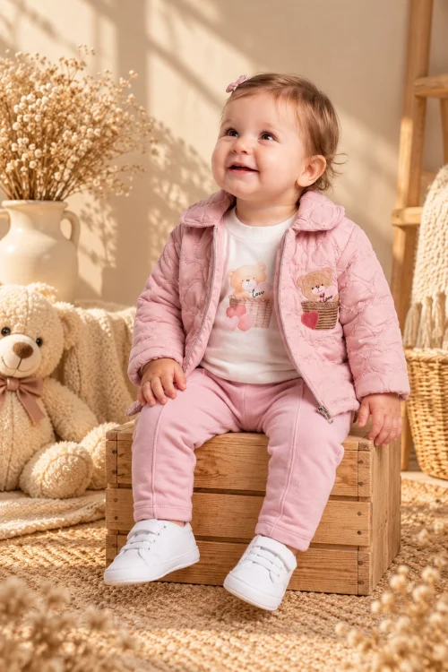 Kız Bebek Mevsimlik Montlu Sweatshirt ve Pantolon 3’lü Takım
