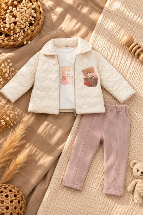 Kız Bebek Mevsimlik Montlu Sweatshirt ve Pantolon 3’lü Takım