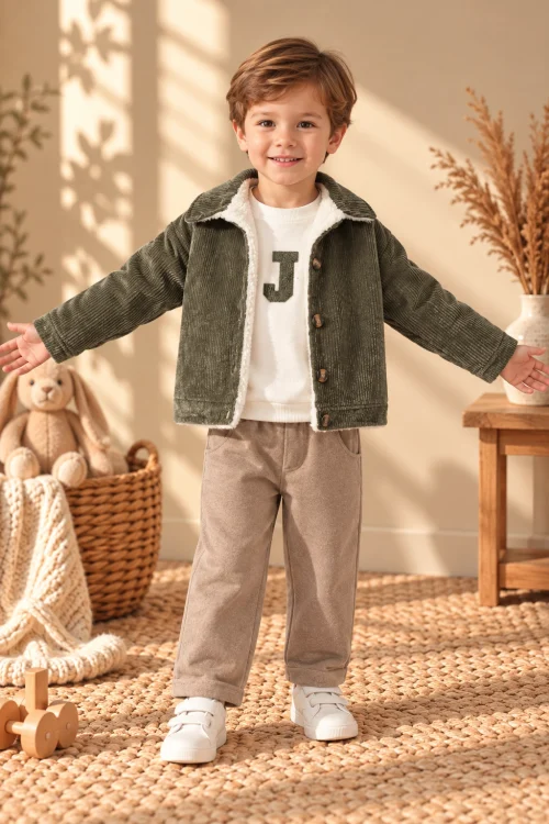 Erkek Çocuk Welsoft Astarlı Fitilli Kadife Ceketli 3’lü Takım – Baskılı Sweatshirt ve Pantolon