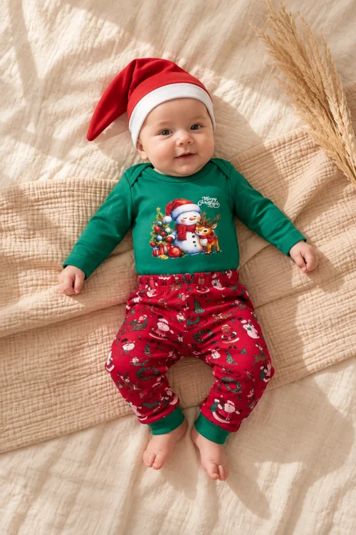 %100 Pamuk Noel Temalı Bebek Zıbın Takımı – Yılbaşı Bebek Takımı