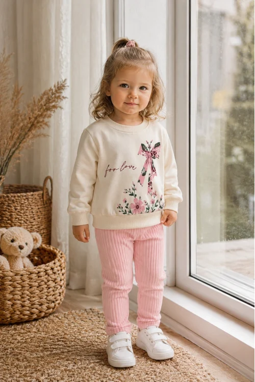 Kız Çocuk %100 Pamuk 2 İplik Sweatshirt ve Tayt 2’li Takım