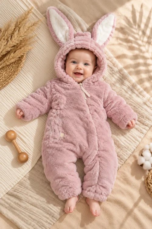 Kız Bebek %100 Pamuk Kalın Kışlık Kapüşonlu Peluş Tulum – Gizli Fermuarlı