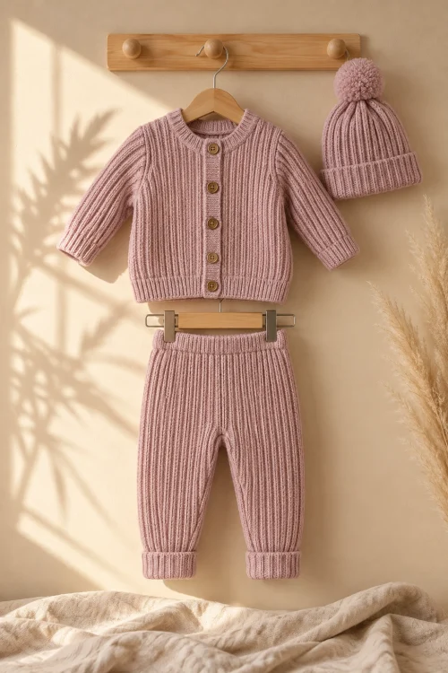 %100 Pamuk Örme Triko Bebek 3’lü Takım – Ahşap Düğmeli Hırka, Pantolon ve Bere